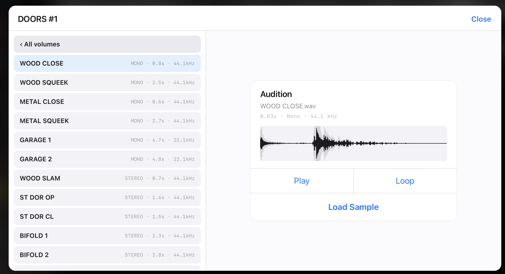 Akai sample-CD browser — volume / sample list with audition panel