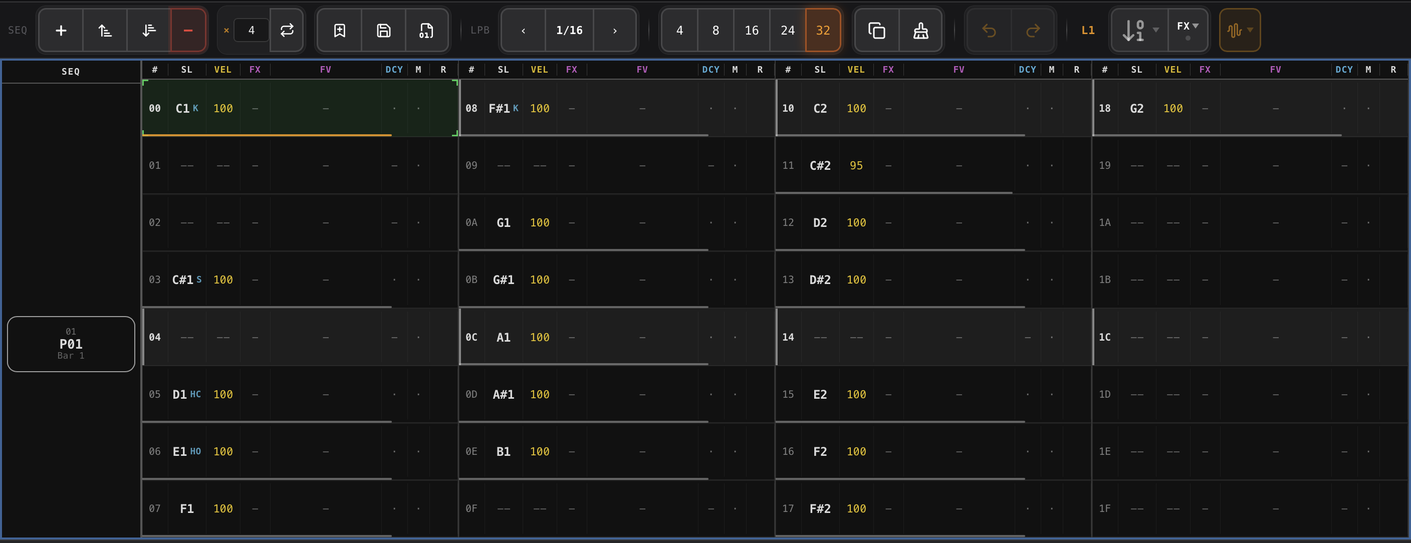 TRK — SEQ list + phrase-editor step grid
