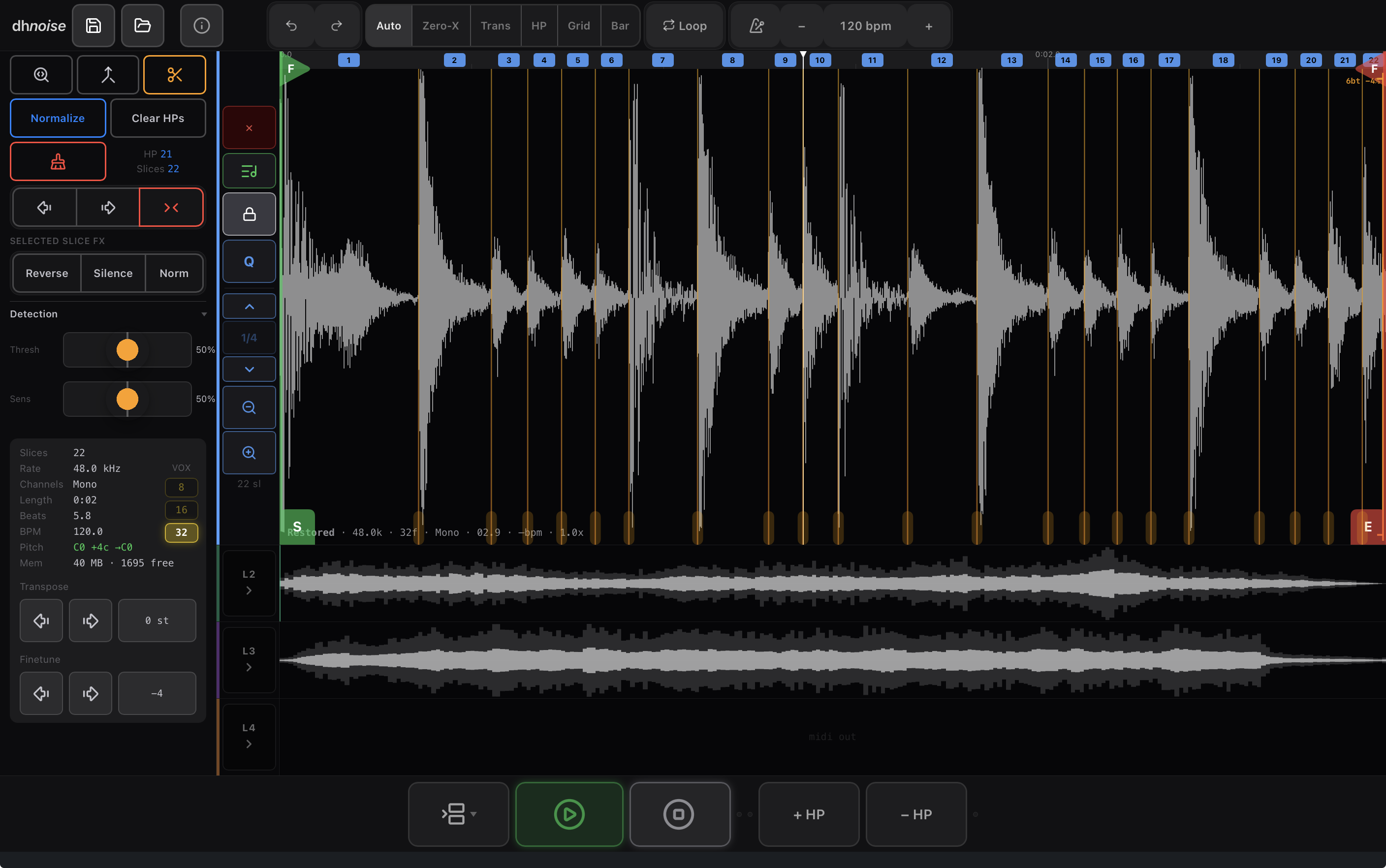 Snap modes bar — Auto / Zero-X / Trans / HP / Grid / Bar