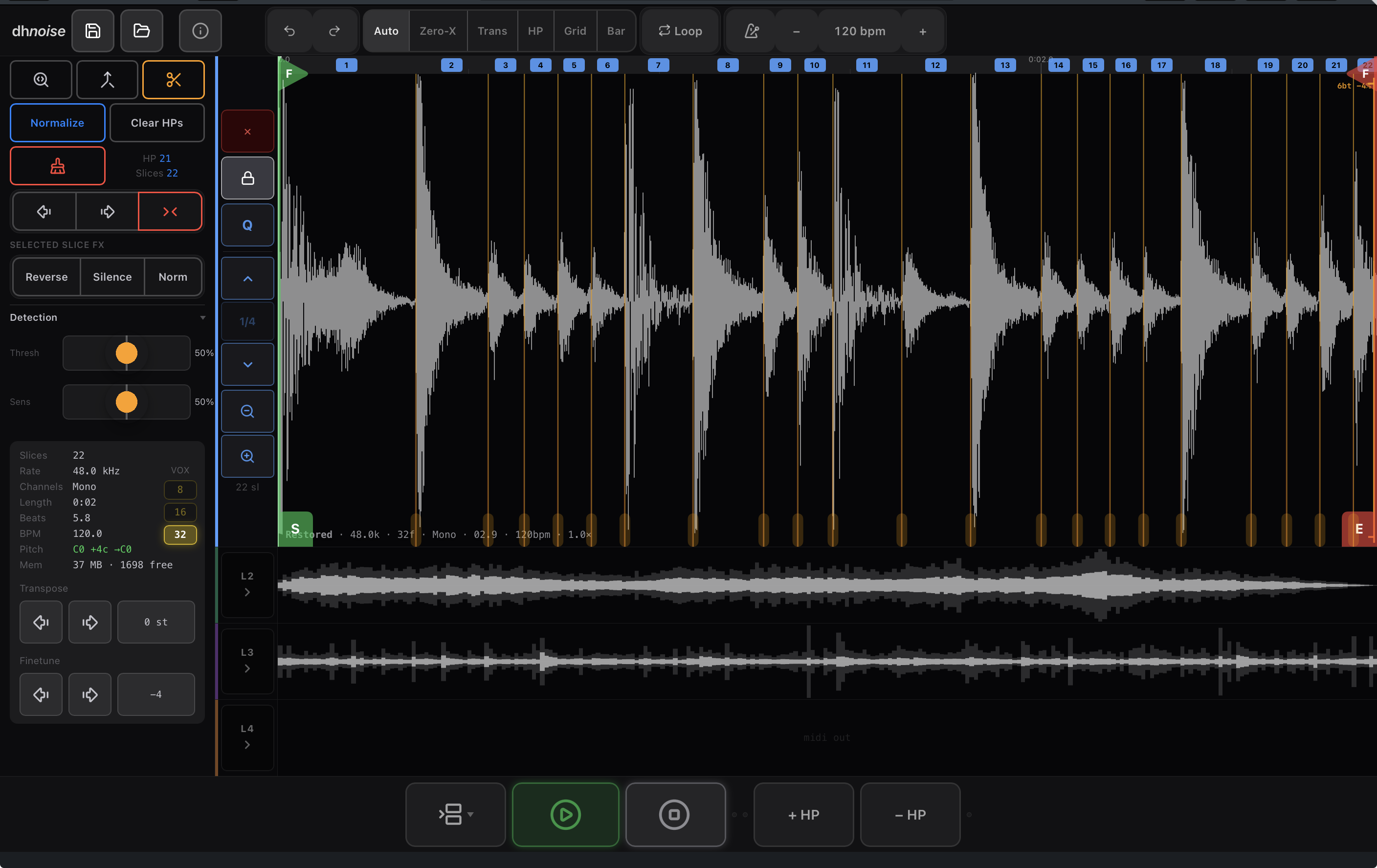 Waveform editor — SAMPLES page with selection handles, hitpoints and overview bar